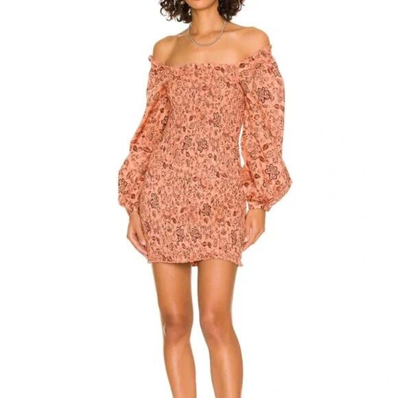FREE PEOPLE Smock it to Me Mini Dress Apricot Ruffle Peasant Boho Size Large - Picture 1 of 10